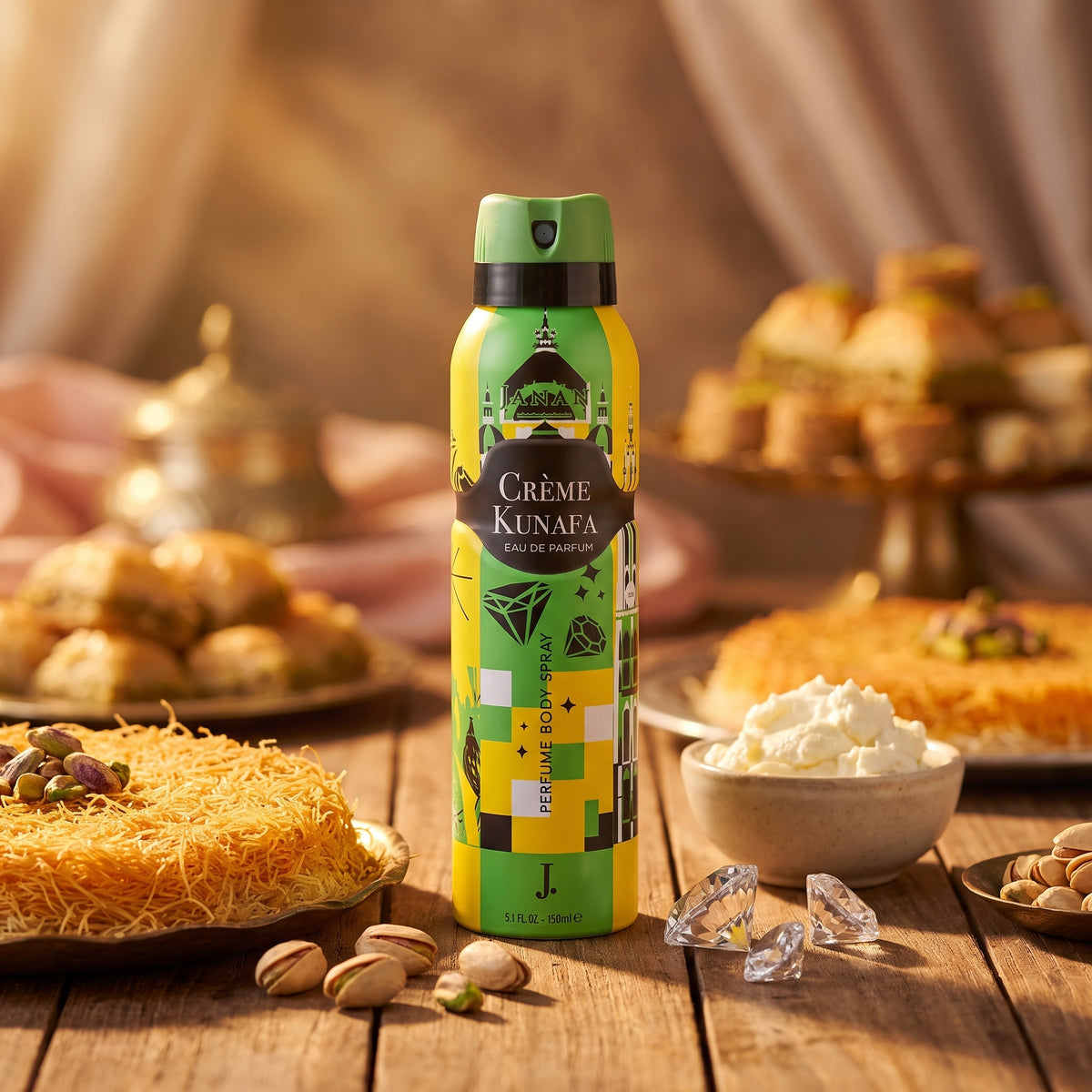 A bottle of Crème Kunafa pastry cream stands on a wooden table surrounded by pastries, pistachios, and whipped cream in a warm, styled setting.