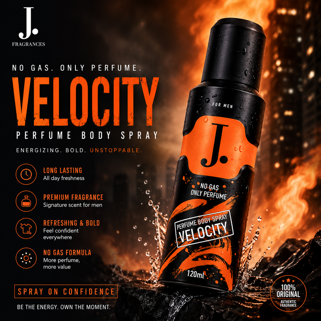 Buy Original Junaid Jamshed J. Velocity No Gas Perfume Body Spray 120ml for Men Online in Pakistan | Best Price at Poshak Mahal