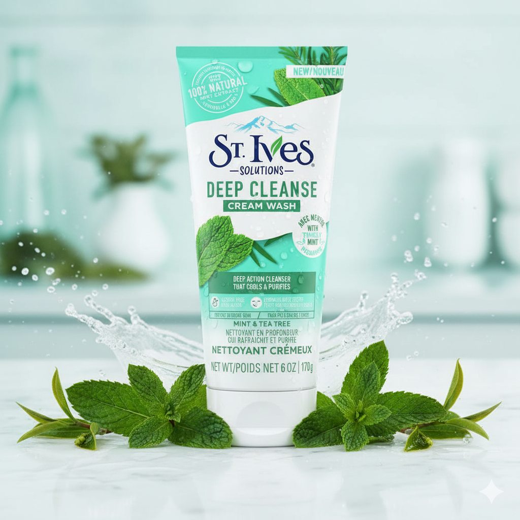 St. Ives Deep Cleanse Cream Wash tube with mint leaves on a light background