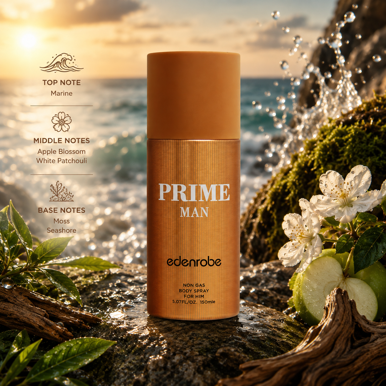 Edenrobe Prime Men's Deodorant 150ml by Poshak Mahal, 100% original men's body spray with fresh marine, apple blossom, white patchouli, moss, and seashore fragrance notes.