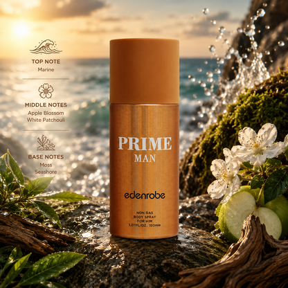 Edenrobe Prime Men's Deodorant 150ml by Poshak Mahal, 100% original men's body spray with fresh marine, apple blossom, white patchouli, moss, and seashore fragrance notes.