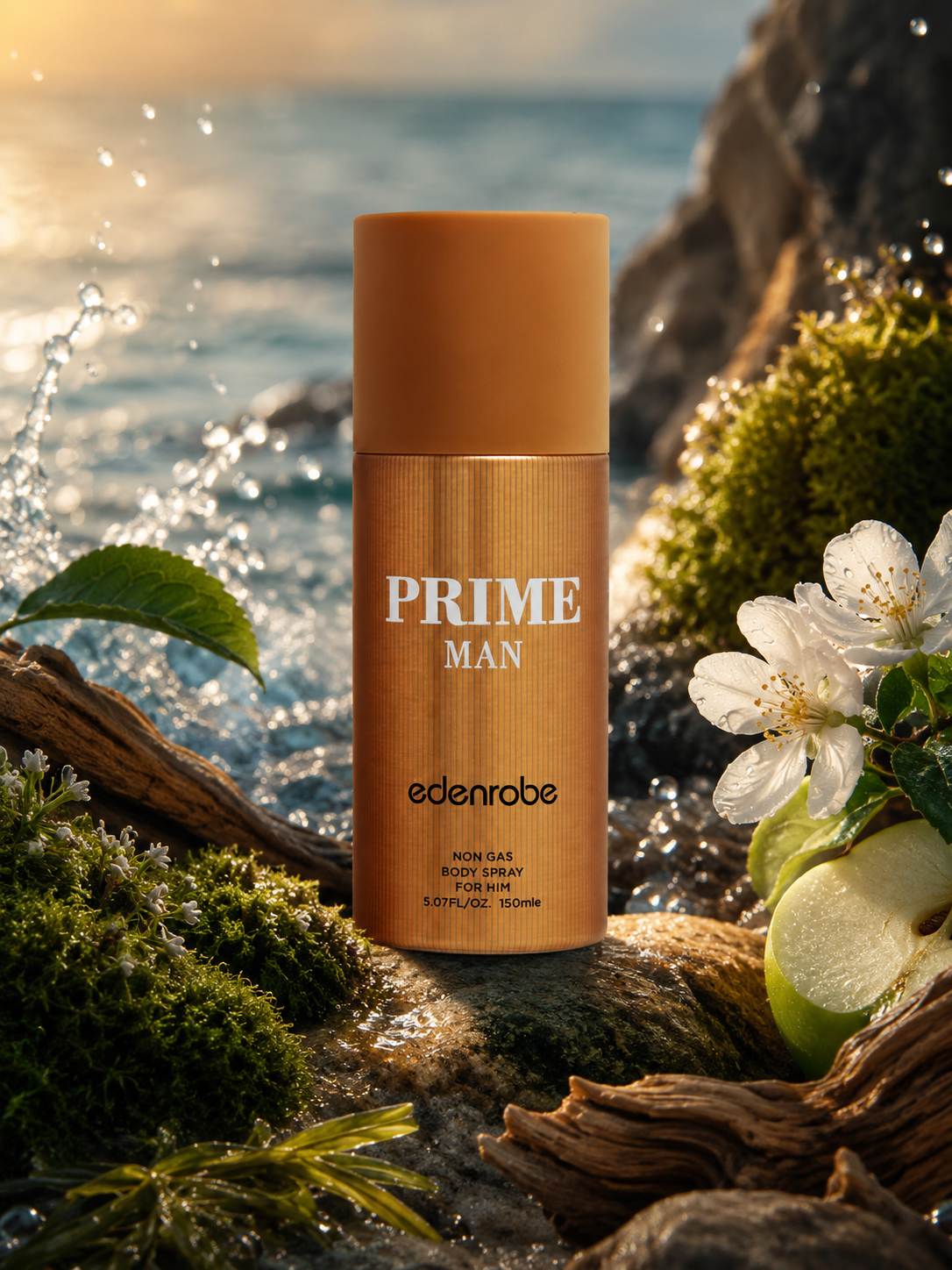 Edenrobe Prime Men's Deodorant 150ml original body spray for men featuring marine, apple blossom, white patchouli, moss, and seashore notes at Poshak Mahal.