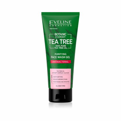 Eveline Botanic Expert Tea Tree Oil Face Wash Gel 100ml purifying antibacterial cleanser for oily and acne-prone skin in green tube.