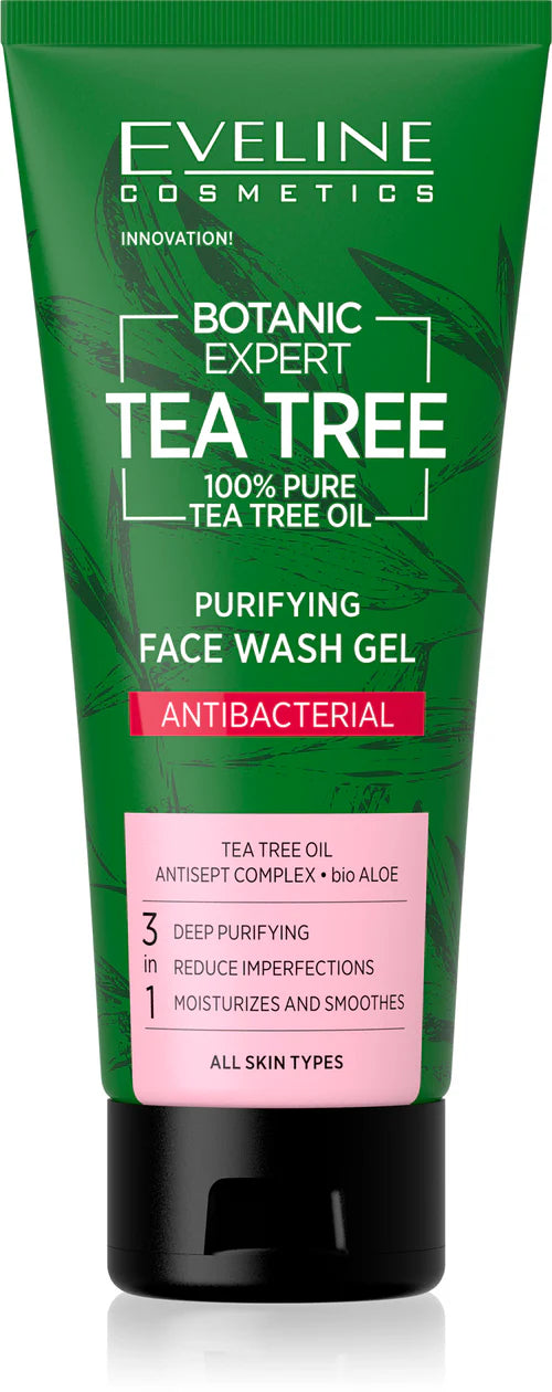 Eveline Botanic Expert Tea Tree Oil face cleanser gel for oily skin and pimples, purifying antibacterial formula in 100ml tube.