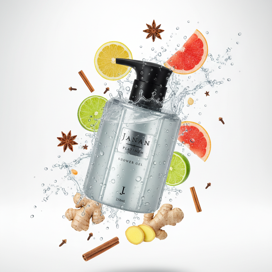 Janan Platinum Shower Gel 250ml premium men’s shower gel with long-lasting citrus and spicy fragrance