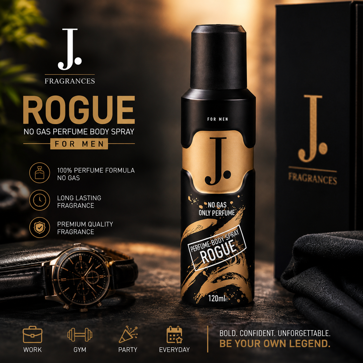 Junaid Jamshed J. Rogue No Gas Perfume Body Spray, For Men, 120ml