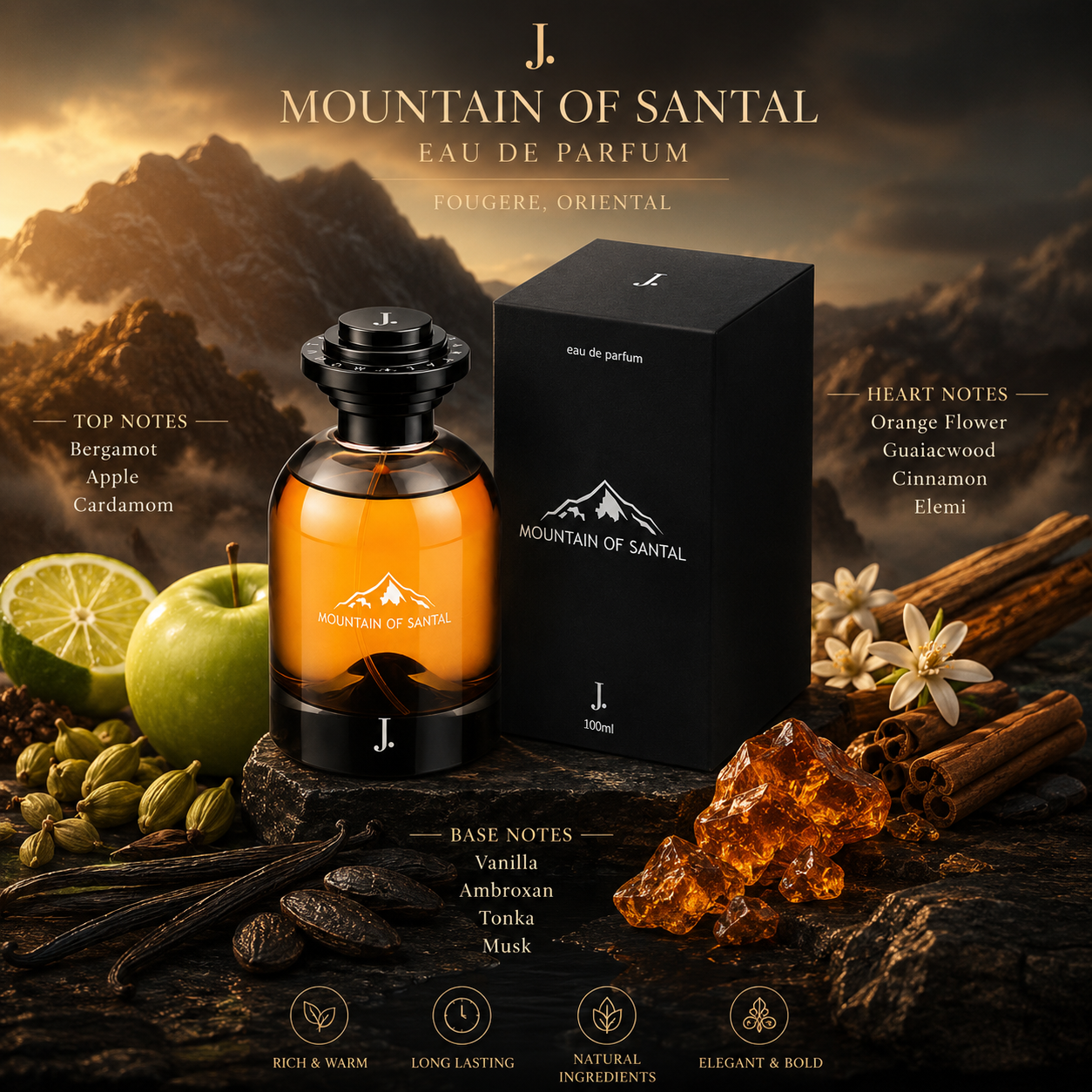 Junaid Jamshed J. Mountain of Santal Perfume 100ml original men’s fragrance bottle with woody sandalwood scent by J. Junaid Jamshed.