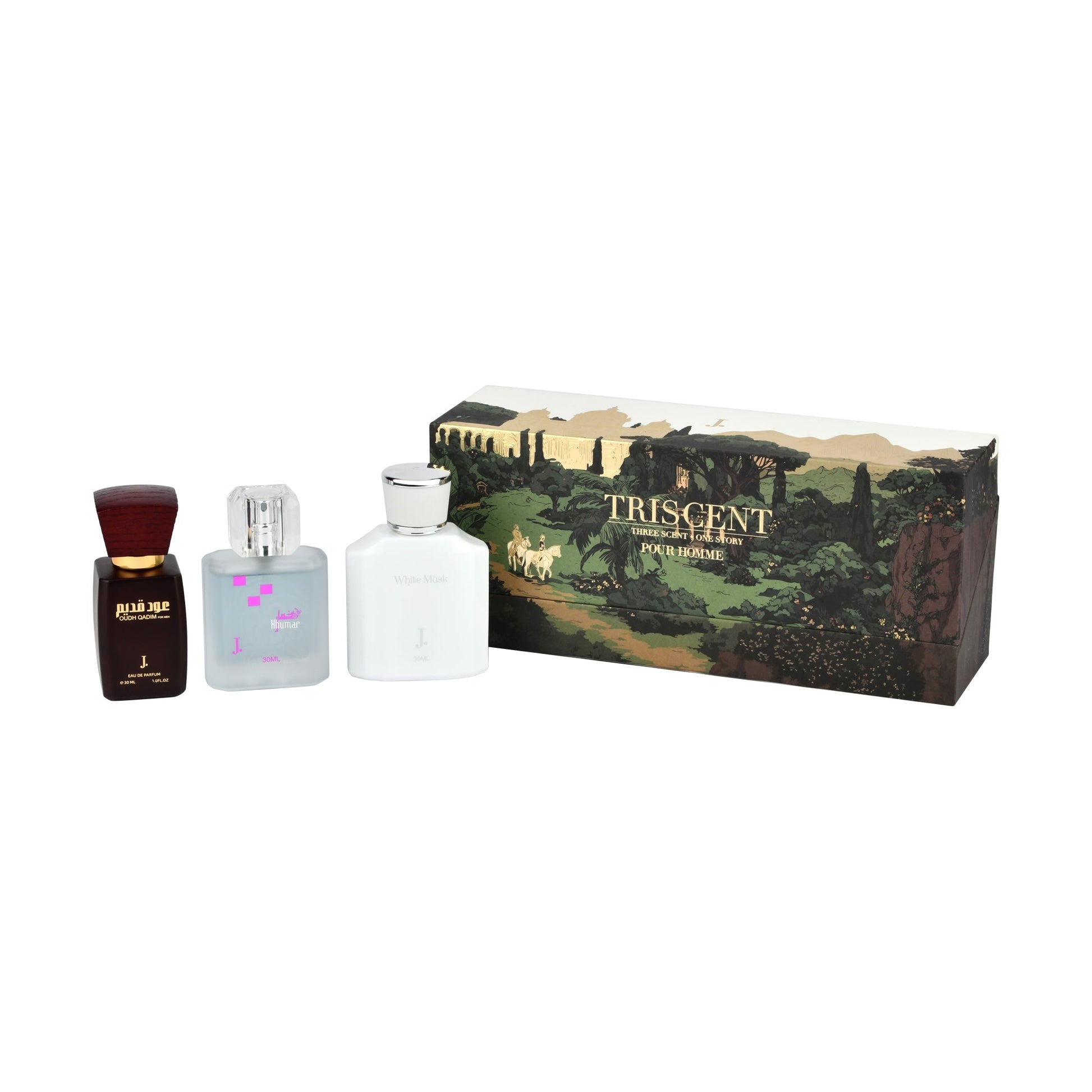 Original Junaid Jamshed J. Triscent Pour Homme Gift Set for Men featuring OUDHG QADIM, KHUMAR and WHITE MUSK – 3 x 30ml Eau de Parfum