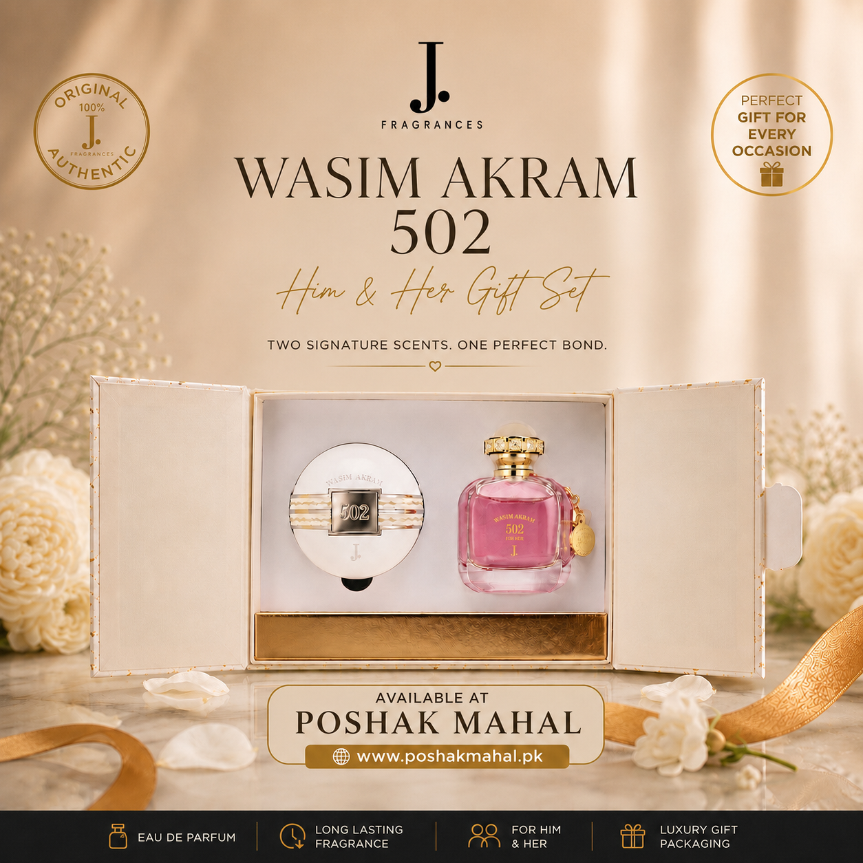 Luxury J. Wasim Akram 502 Him & Her Gift Set by Junaid Jamshed featuring premium Eau de Parfum fragrances for couples in an elegant gift box, available at Poshak Mahal Pakistan.