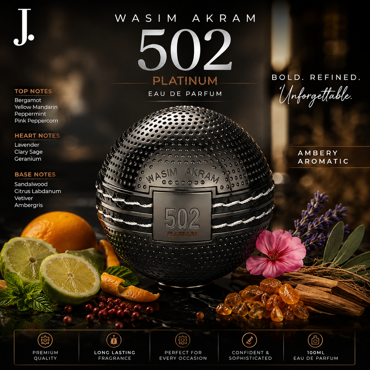 J. Wasim Akram 502 Platinum Perfume For Men 100ml bottle by Junaid Jamshed