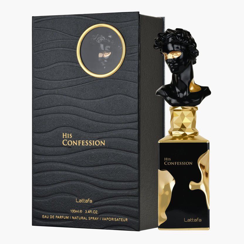 Lattafa His Confession 100ml perfume bottle for men, oriental woody Eau De Parfum, long-lasting fragrance.