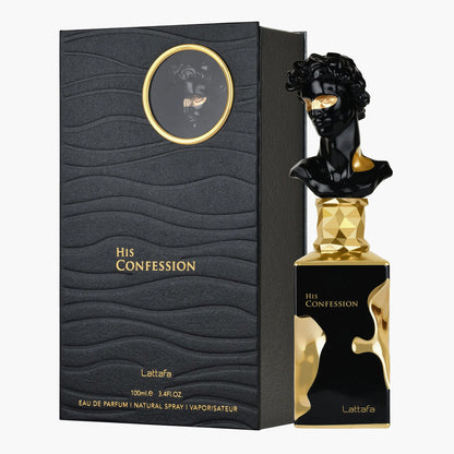 Lattafa His Confession 100ml perfume bottle for men, oriental woody Eau De Parfum, long-lasting fragrance.