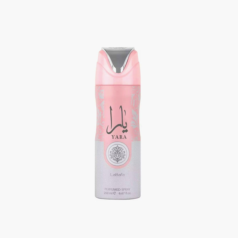 Lattafa Yara Women Perfumed Body Spray 200ml in a sleek pink aerosol can with elegant branding, designed for long-lasting fragrance and everyday freshness.