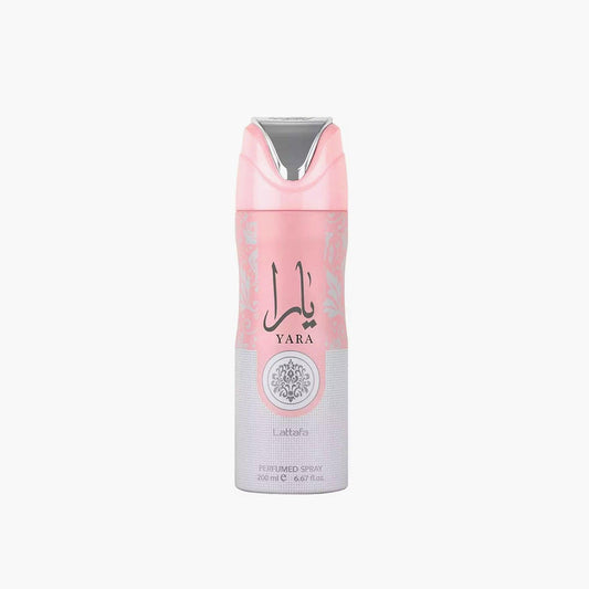 Lattafa Yara Women Perfumed Body Spray 200ml in a sleek pink aerosol can with elegant branding, designed for long-lasting fragrance and everyday freshness.