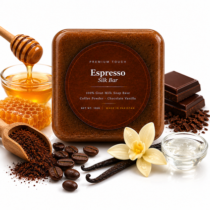 Espresso silk bar soap with coffee beans, vanilla bean, and honey on a white background