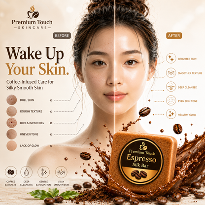 Advertisement for Premium Touch Skincare Espresso Silk Bar with a split image of a woman's face before and after use.