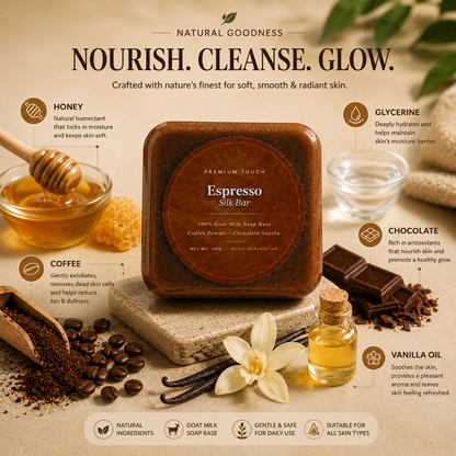 Premium Touch Espresso Silk Bar 60g coffee soap with honey, goat milk, glycerine, and chocolate vanilla oil for soft, hydrated skin